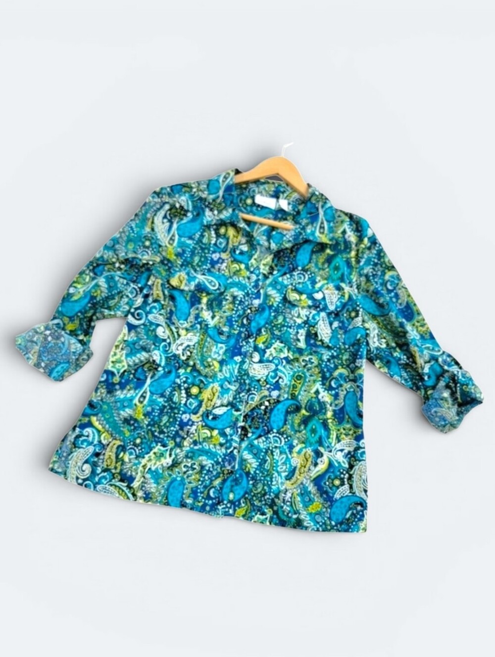 Kim Rogers Petite Large Top Blouse Blue Green Paisley Button Down Roll Tab PL